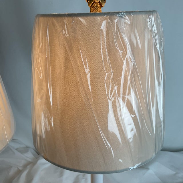 Vintage Italian Hand Carved Goldleaf Wood Candle Stick Lamps With Shades/Finials - a Pair For Sale - Image 11 of 13