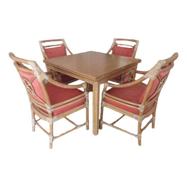 Vintage McGuire Card Table Dining Table & Four McGuire Bamboo Chairs For Sale