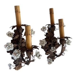 1920s Acanthus Backplate With Leaves and White Porcelain Flowers Stair-Step Wall Sconces - a Pair For Sale