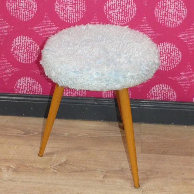 Mid-Century Modern Wood Stool with Filigree Legs & Pastel Blue Fluff Cover For Sale - Image 3 of 9