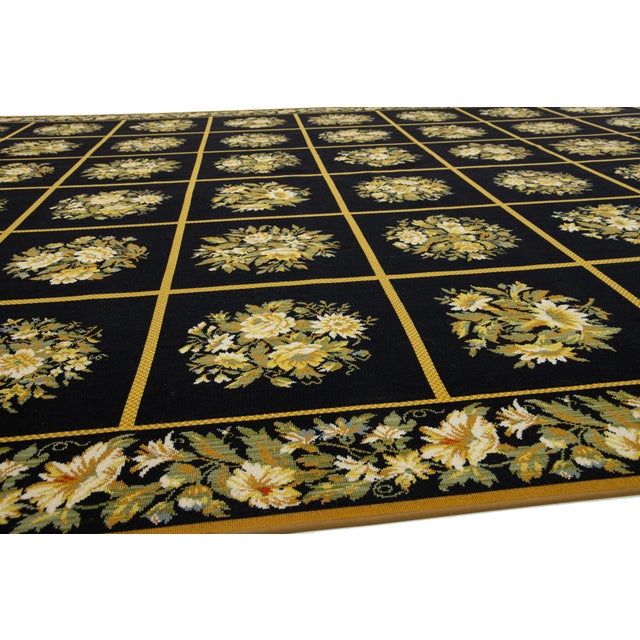Textile Vintage Handcrafted French Aubusson Wool Rug in Black With Floral Pattern For Sale - Image 7 of 11