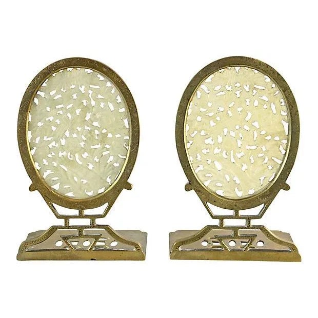 Chinese Carved Jade & Brass Bookends - a Pair For Sale - Image 4 of 5