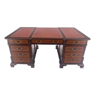 Large Double Pedestal Embossed Leather Top Mahogany Partners Desk MINT For Sale