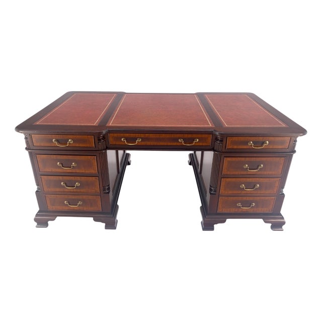 Large Double Pedestal Embossed Leather Top Mahogany Partners Desk MINT For Sale
