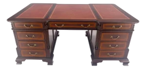 Large Double Pedestal Embossed Leather Top Mahogany Partners Desk MINT