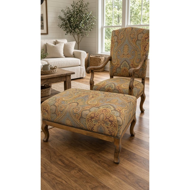 Guy Chaddock & Co. Westbourne Collection Carved Armchair and Ottoman in Paisley Tapestry With Nailhead Trim For Sale - Image 11 of 12