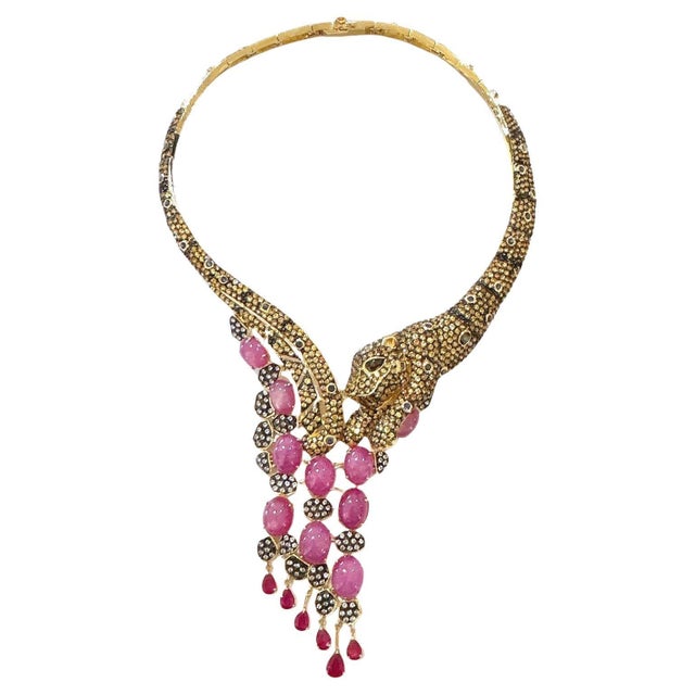 Bochic “Capri” Vintage Vintage Red Ruby, Diamonds & Fancy Color Sapphire Necklace Set in 18K & Silver Elegant and Classic...
