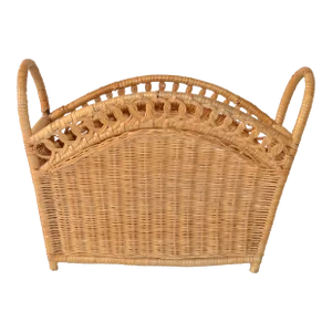 1960s Natural Rattan Handwoven Lacquered Magazine Rack Stand Basket Boho Chic
