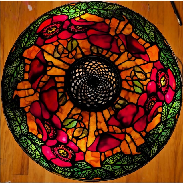 Amazing Antique or Vintage Tiffany Studios Style Signed Stained Leaded Glass Lamp Shade Poppy pattern. Dimensions are...