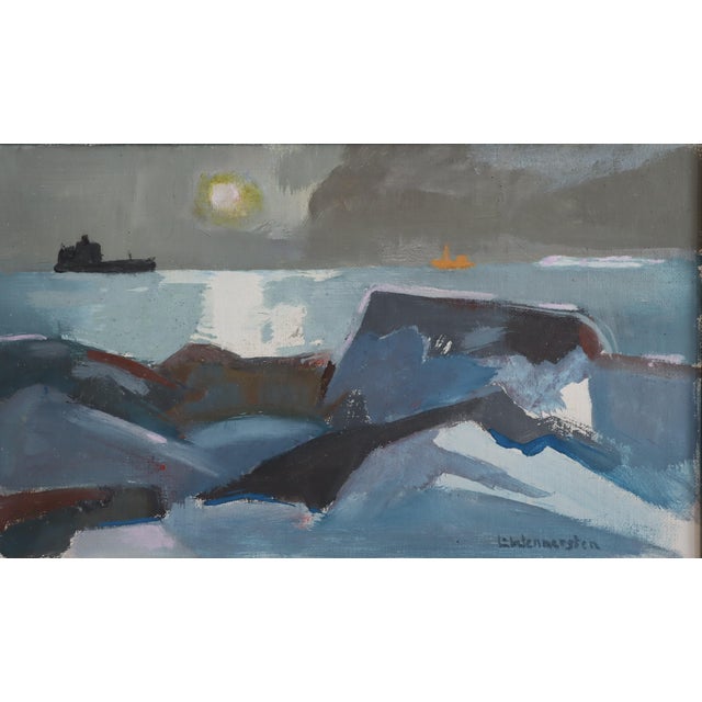 Mid-Century Modern 'Moonlit Sea' Vintage Original Abstract Coastal Landscape Oil Painting, Framed For Sale - Image 10 of 14