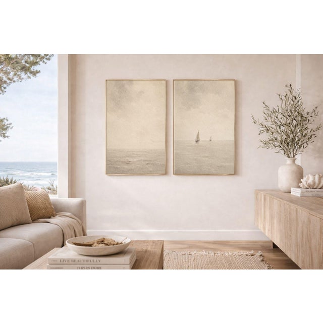 Nautical Minimal Coastal Horizon Pair, Soft Seascape Art Prints, 24" × 36" (Set of 2) For Sale - Image 3 of 8