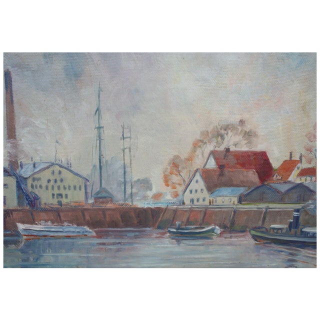 Realism Boats in the Harbor - Mid Century Industrial Seascape by Pieter Hashager For Sale - Image 3 of 4