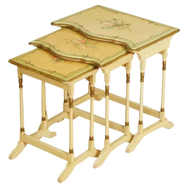Vintage French Gold Leaf Hand-Painted Floral Nesting Tables, Set of 3 For Sale - Image 13 of 13