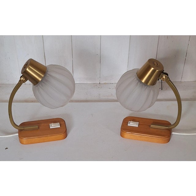 Vintage Bedside Lamps with Spruce Wood Base, Metal Frame and Segmented White Glass Shade, 1980s, Set of 2 For Sale - Image 4 of 8