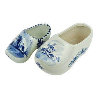 Vintage Hand-Painted Delft Blue Porcelain Dutch Clog With Windmill Motif Figurines - Pair For Sale