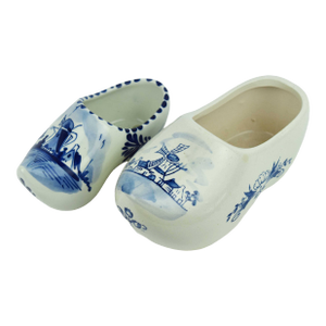Vintage Hand-Painted Delft Blue Porcelain Dutch Clog With Windmill Motif Figurines - Pair