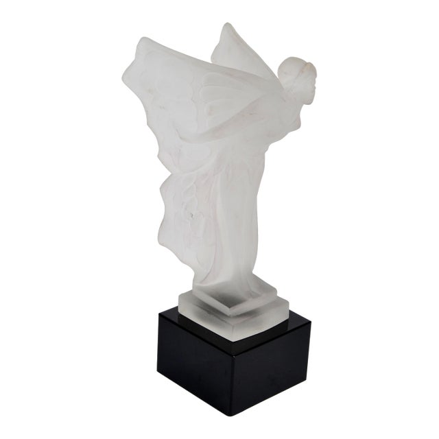 1930s Art Deco René Lalique Style Desna Frosted Glass Figure Fairy Flowing Wings For Sale