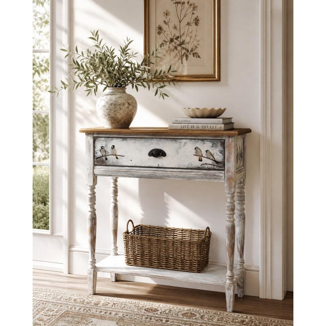 A quiet, hand-painted moment — two pairs of songbirds resting on branches, captured in a one-of-a-kind console table....