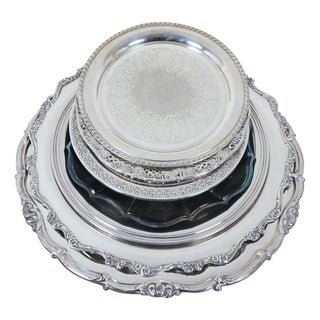 Vintage Round Scalloped Silverplate Serving Platters Bar Vanity Trays 10" to 16" - 7pcs For Sale