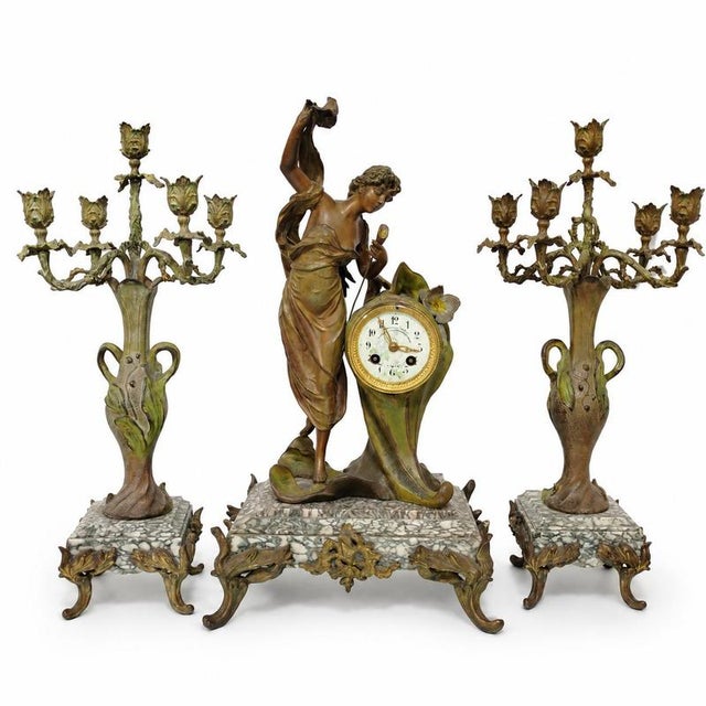 Art Nouveau L“L’Aurore Table Clock and Candelabras from Hardyau Fils, Set of 3 For Sale - Image 9 of 9