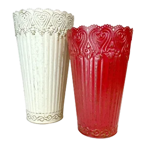1980s Vintage French Boho Chic Valentine Tole Painted Metal Vases With Heart Motif.