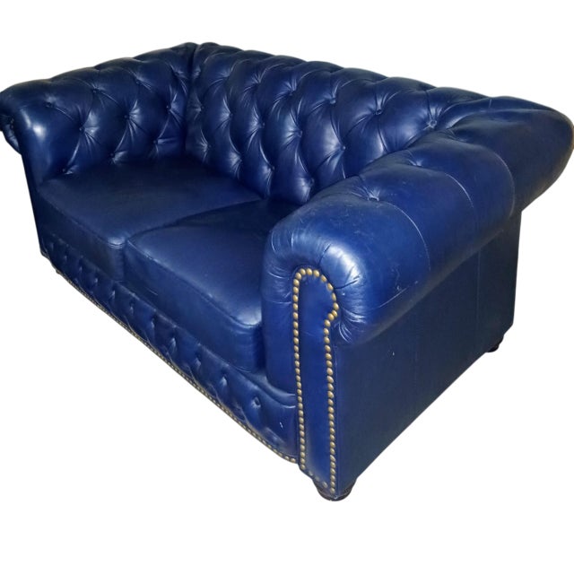 English Elevate Your Living Space With These Navy Chesterfield Genuine Leather Sofa and Loveseat Set For Sale - Image 3 of 12