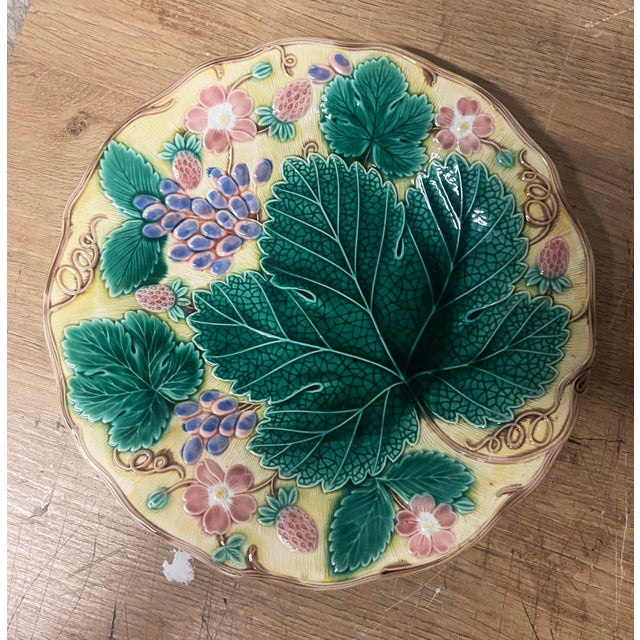 Set of Six Antique Wedgwood Majolica Grape Leaf Strawberry Plates - Measures 9 inches, stamped " Made in England ", circa...