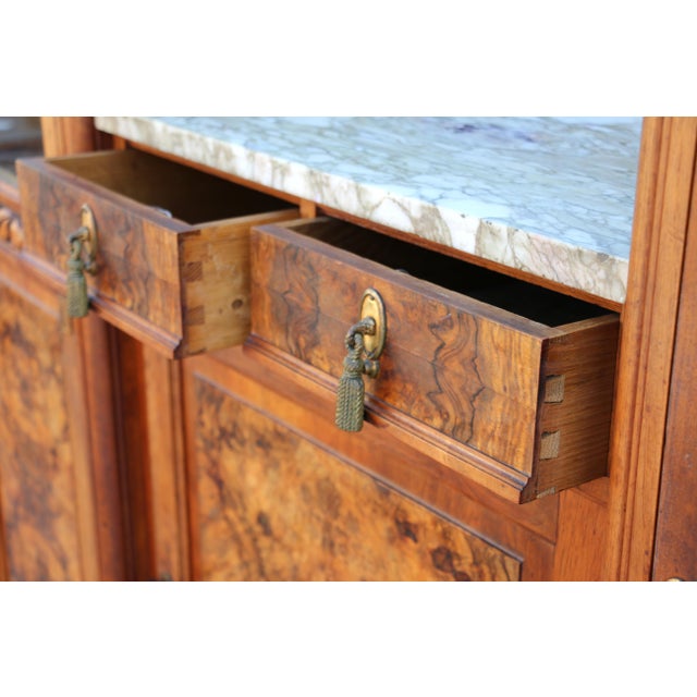 Brown Antique French Art Deco Buffet Sideboard With Beveled Mirror & Marble Top | Burl Wood Credenza | Early 20th Century For Sale - Image 8 of 18