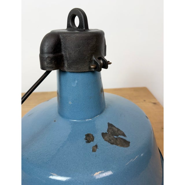 Industrial Blue Enamel Factory Lamp with Cast Iron Top, 1960s For Sale - Image 16 of 18