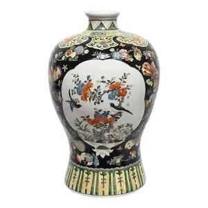 Chinese Meiping Porcelain Black Floral Vase - Famille Noire Pallete, Kangxi Style & Mark, Republic Period