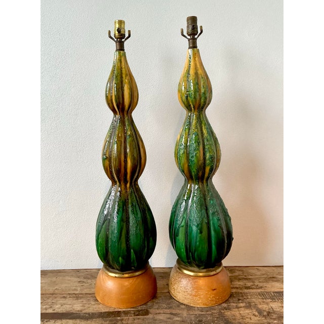 Vintage MCM Drip Glaze Ceramic Lamps - A Pair For Sale - Image 10 of 12