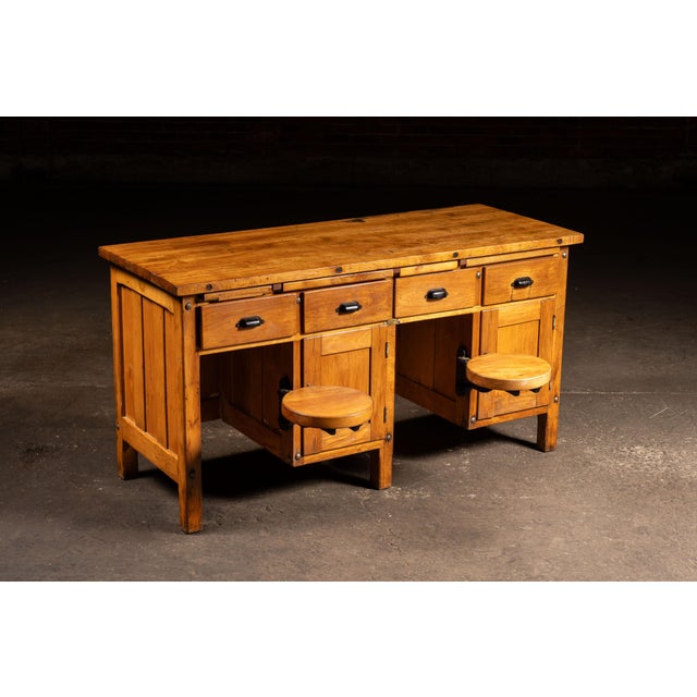 Early 20th Century Early 20th Century Walnut Industrial Workbench With Swing-Out Stools For Sale - Image 5 of 18