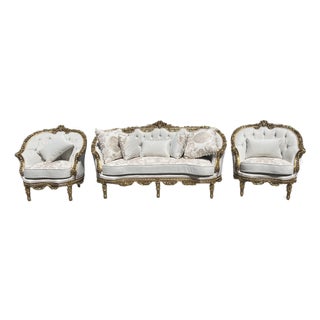 1960s Louis XV 3 Piece Gold Leaf Wood Salon Sofa Set Settee Set For Sale