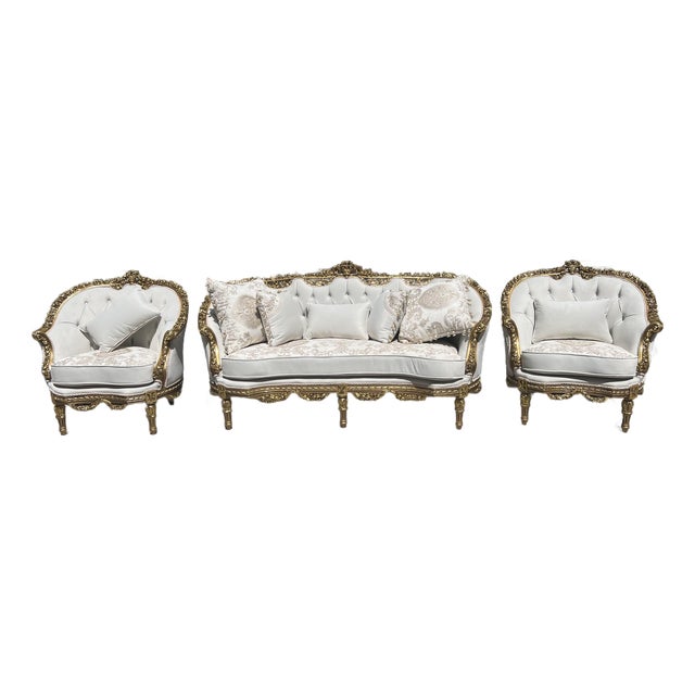 1960s Louis XV 3 Piece Gold Leaf Wood Salon Sofa Set Settee Set For Sale