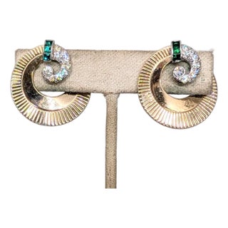 Vintage Signed Boucher Goldtone Faux-Emerald & Clear Rhinestone Swirl Screw Back Earrings-2 Pieces For Sale