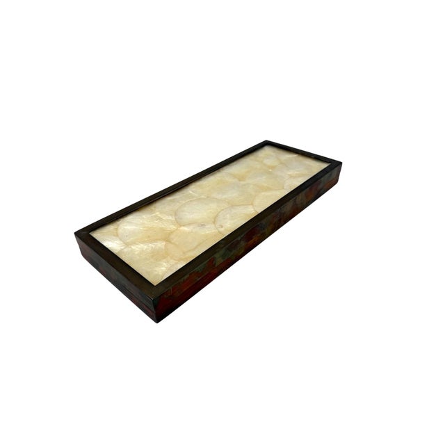 Midcentury decorative Box Italy, ca. 1960s Brass, glass, mother of pearl H 3 cm x 12 × 30 cm Conditions: very good, slight...