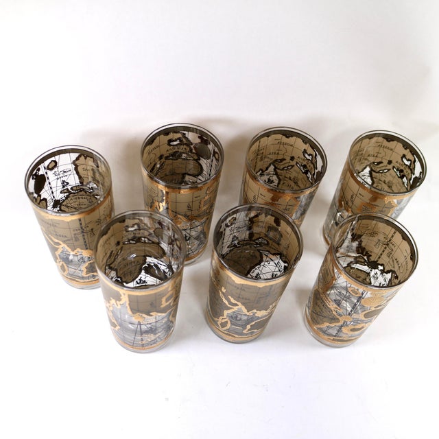 1960s Vintage Cera Glass Black and Gold Old World Map Pattern Highball Glasses - Set of 7 For Sale - Image 5 of 11