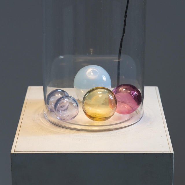 PANDORA PIU' table lamp, Tronconi production, designed by Gabriella Montaguti. Clear glass base with four colored glass...