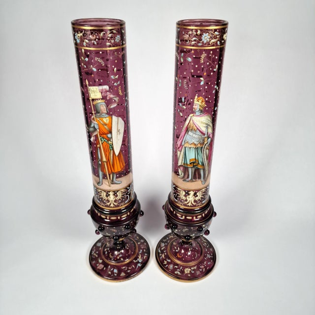 Gothic Two 19th C Bohemian Cranberry Pokal Vases King Rudolph I and Otto II Enamel For Sale - Image 3 of 15
