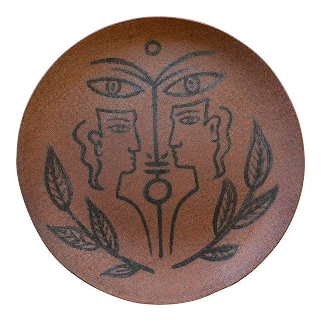 Slab Built Decorated Earthenware Platter in Manner of Jean Cocteau For Sale