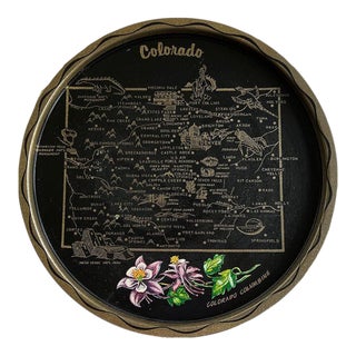 Round Colorado Columbine Flower Serving Tray in Black Purple and Cream For Sale