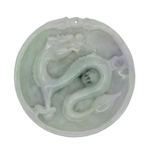 Green Jade Chinese Carved Zodiac Dragon Medallion Feng Shui Pendant