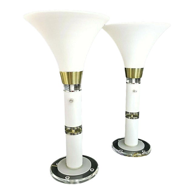 (2) 70's Karl Springer Style Lucite Torchiere Table Lamps For Sale