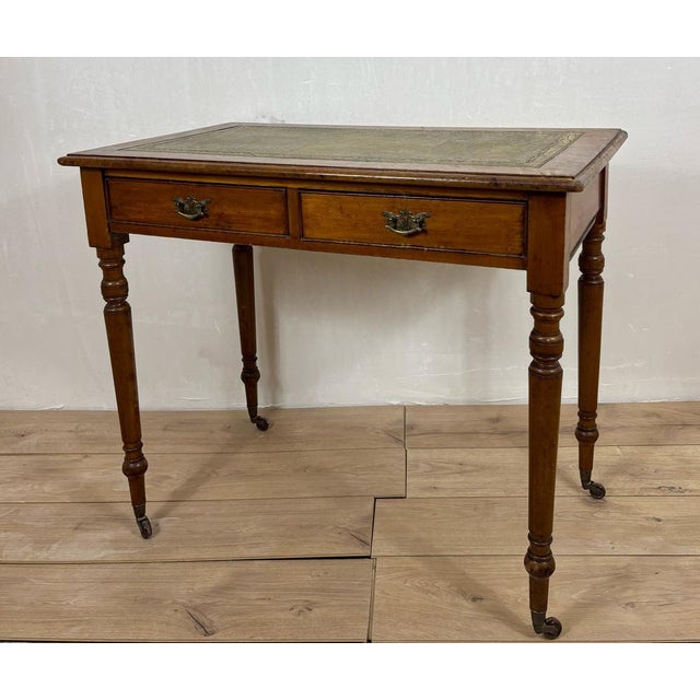 Antique English Style Wooden Writing Table with Leather Top and Drawers, 1930s For Sale - Image 4 of 13
