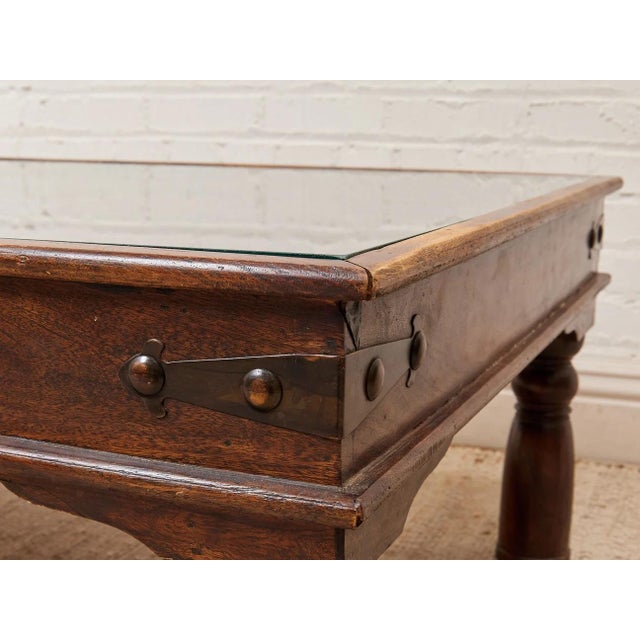 Wood Late 20th Century East Asian Wood Door Coffee Table With Brass-Copper Inlay & Wood Base For Sale - Image 7 of 8