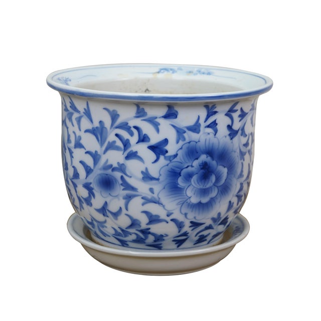 Chinese Early 20th Century 2 Chinese Chinoiserie Blue & White Lotus Flower Planters Cachepots Jardinières For Sale - Image 3 of 16