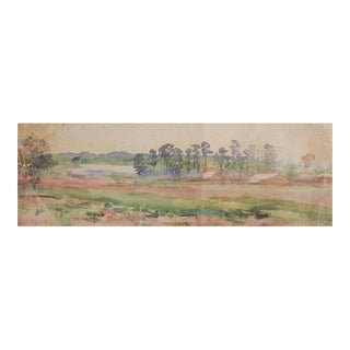 Antique Distressed Long Format Landscape Watercolor Painting For Sale