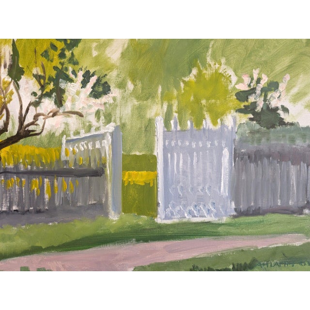 Textile 1961 Mid-Century Modern 'Garden Gate in Spring' Vintage Original Landscape Oil Painting, Framed For Sale - Image 7 of 10