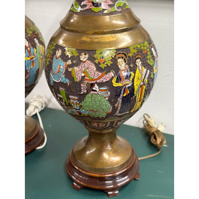 Mid 20th Century Pair or Mid 20th Century Marbro Chinese Champleve Enamel Lamps For Sale - Image 5 of 12