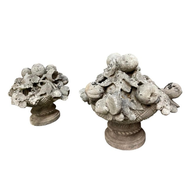 Stone Pair of Vintage Cast Stone Fruit Basket Garden Finials For Sale - Image 7 of 12